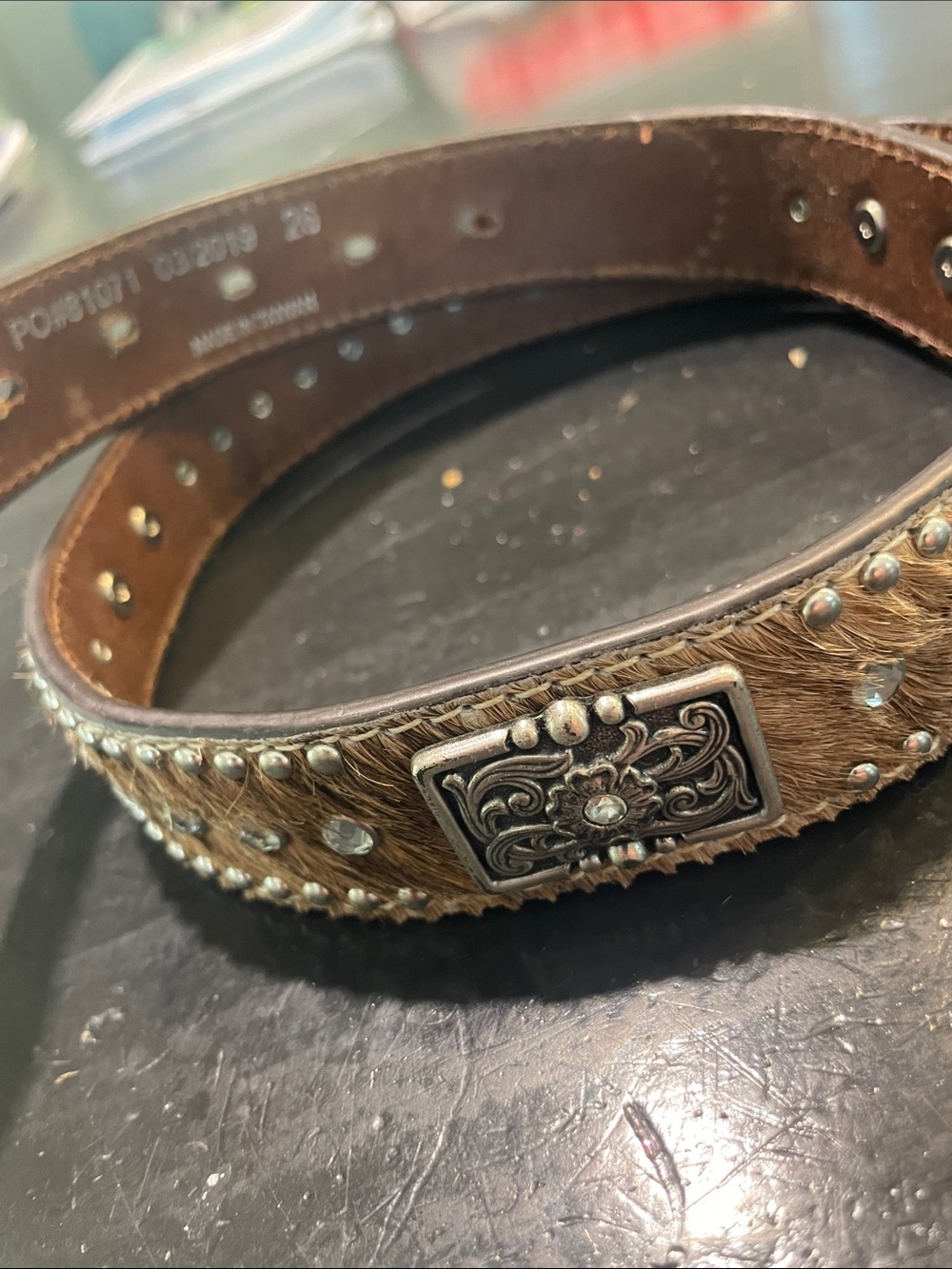 Kids Studded Brown Haircalf Leather Western Belt with Ornate Buckle size 26